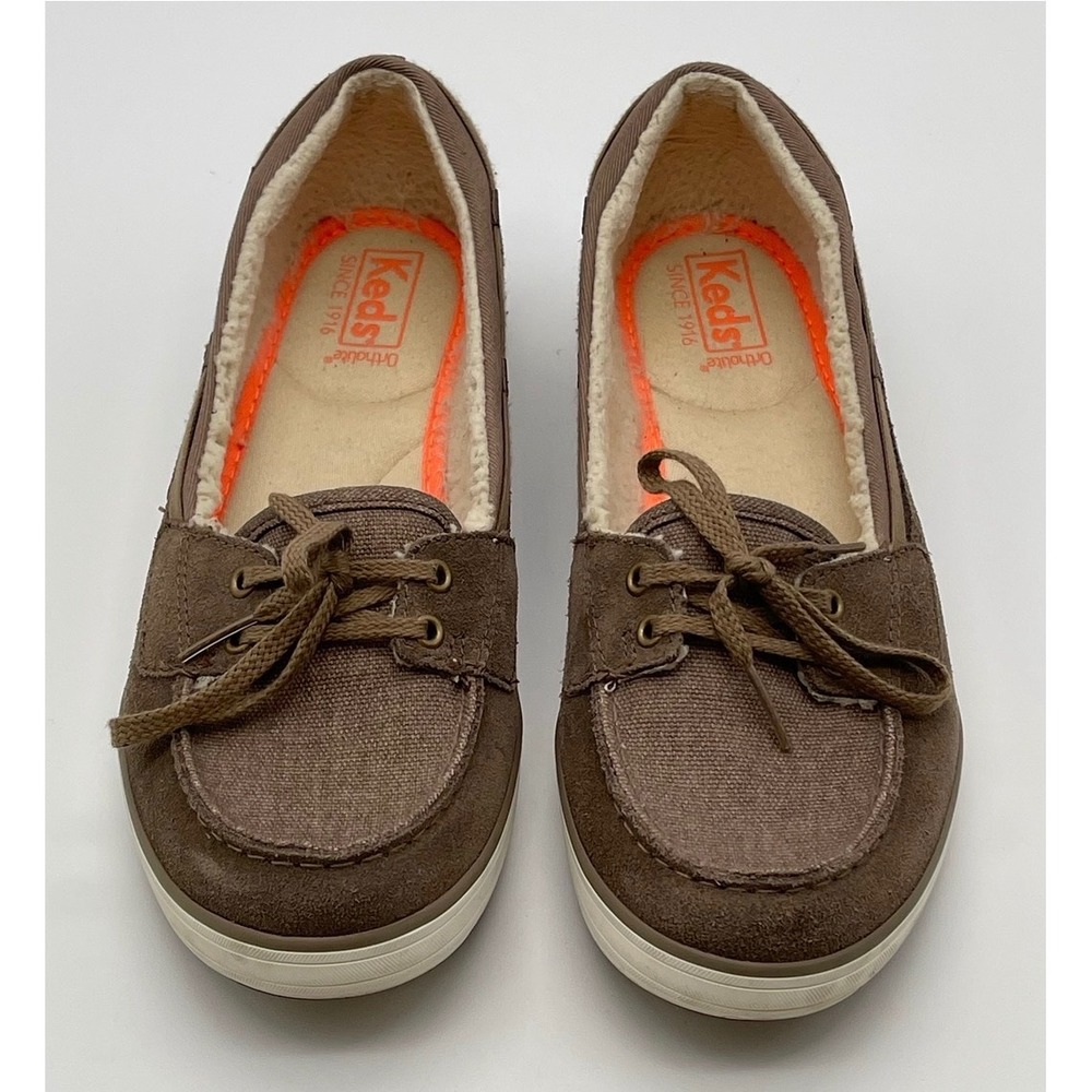KEDS Boat Shoes Women Size 8 Ortholite Brown Canvas Faux Fur Lined WH57279 Laces